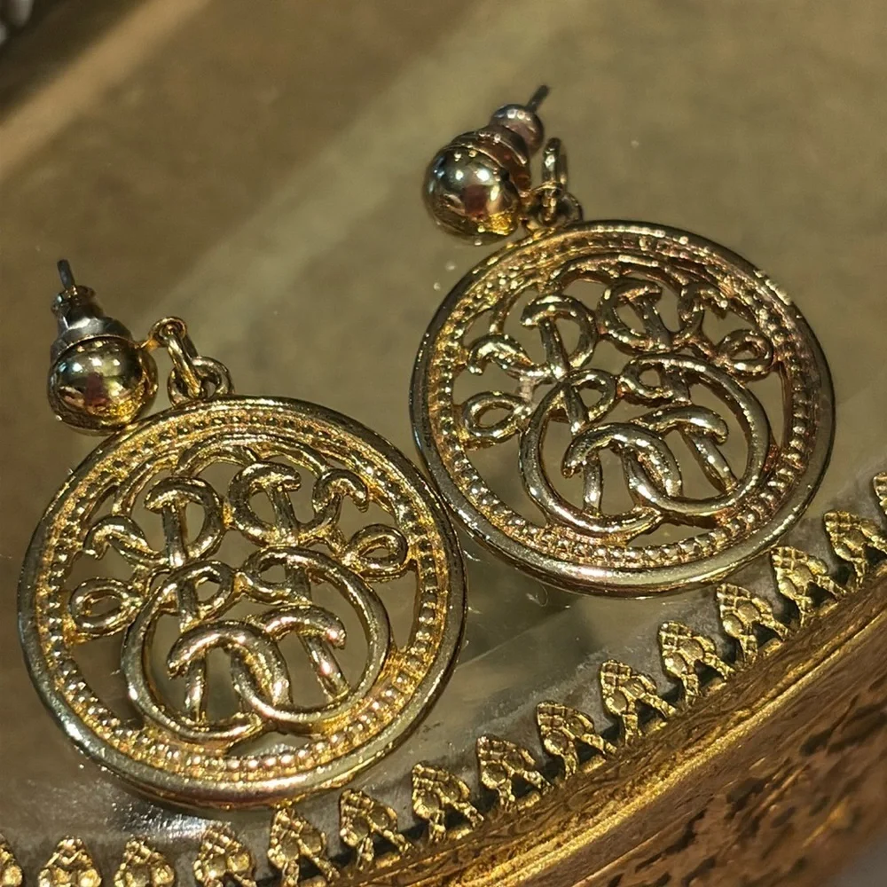 Scroll Design Post Dangle Earrings Gold Round